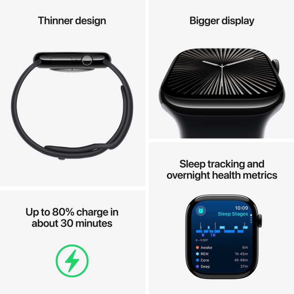 Apple Watch Series 10 GPS 46mm Jet Black Aluminum Case with Black Sport Band – S/M