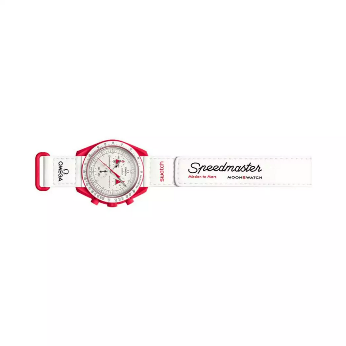 Omega X Swatch Mission To Mars So33R100 Moonswatch Red Bioceramic 42Mm White Straps Unisex Watch