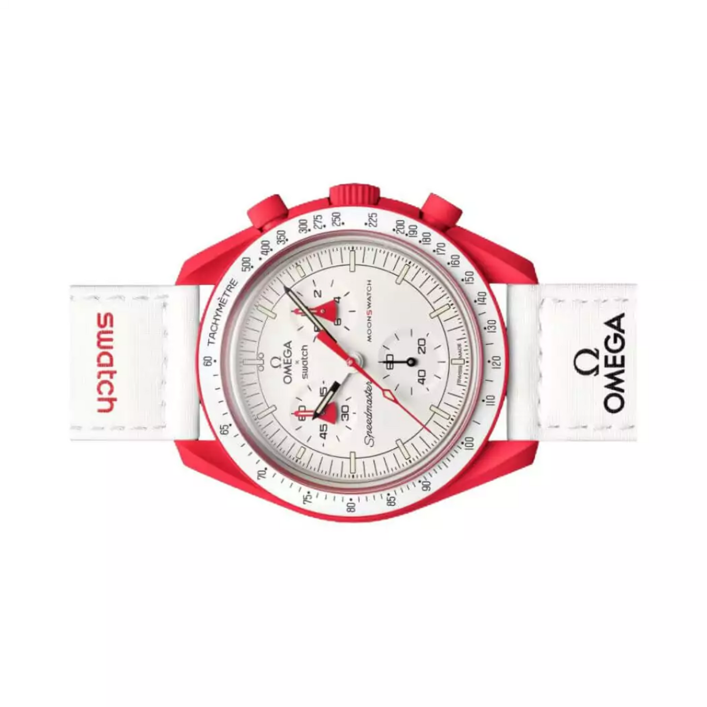 Omega X Swatch Mission To Mars So33R100 Moonswatch Red Bioceramic 42Mm White Straps Unisex Watch