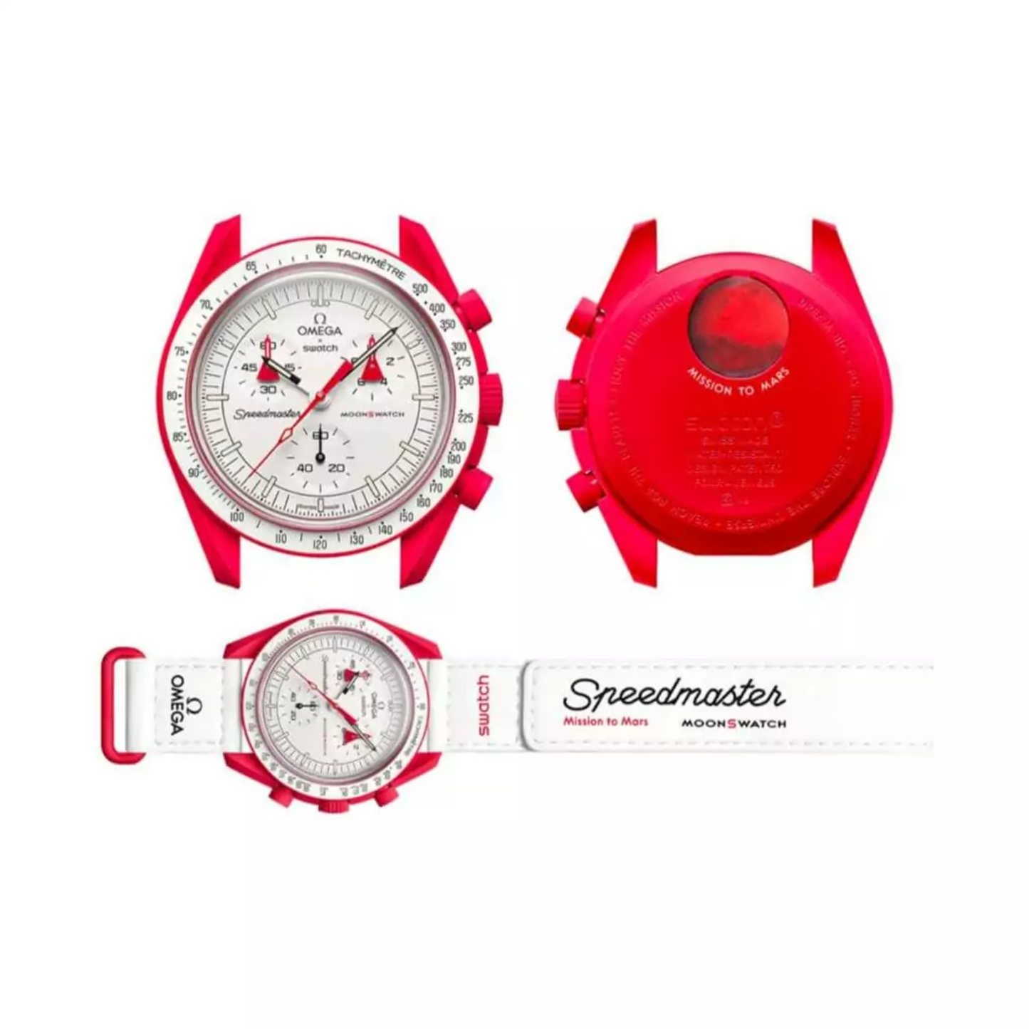 Omega X Swatch Mission To Mars So33R100 Moonswatch Red Bioceramic 42Mm White Straps Unisex Watch