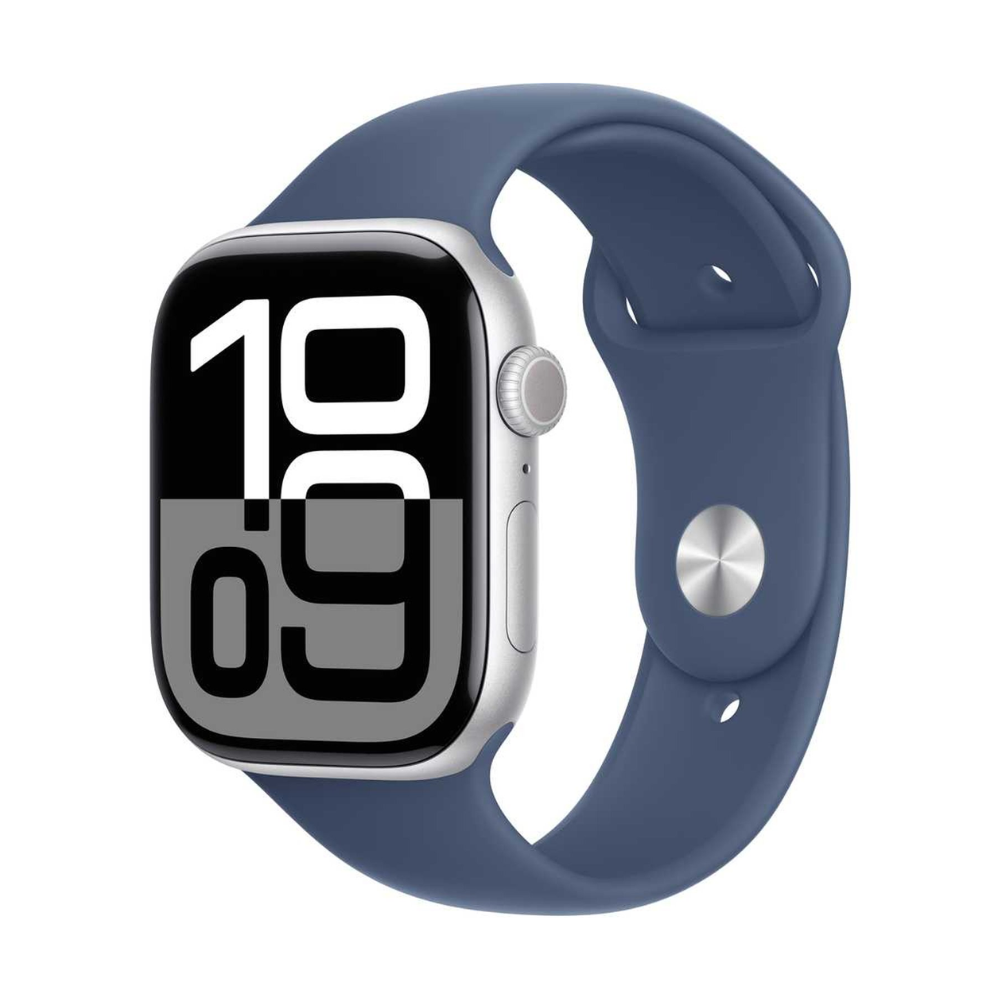 Apple Watch Series 10 GPS 46mm Silver Aluminum Case with Denim Sport Band – S/M