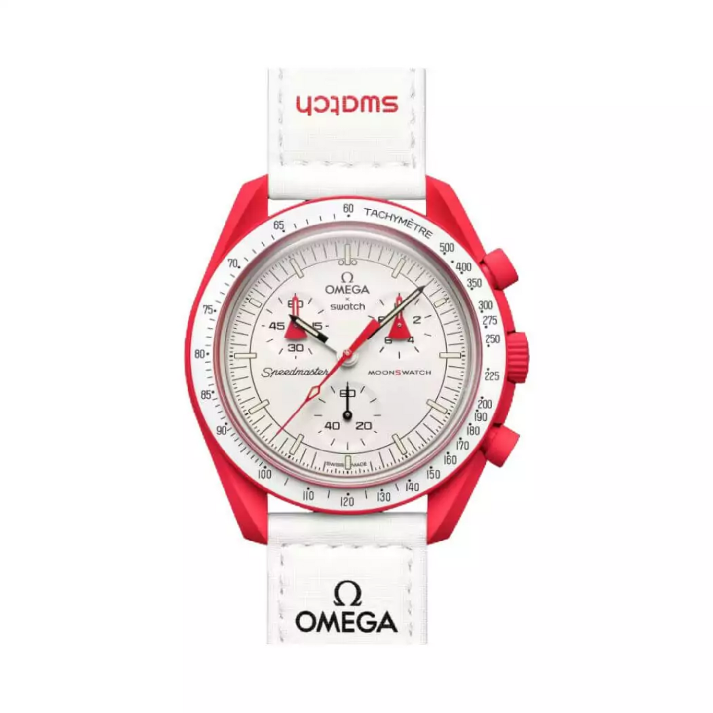 Omega X Swatch Mission To Mars So33R100 Moonswatch Red Bioceramic 42Mm White Straps Unisex Watch