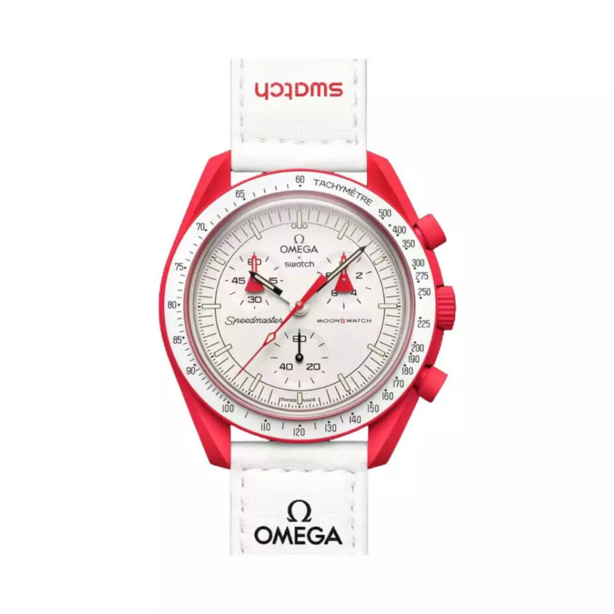 Omega X Swatch Mission To Mars So33R100 Moonswatch Red Bioceramic 42Mm White Straps Unisex Watch