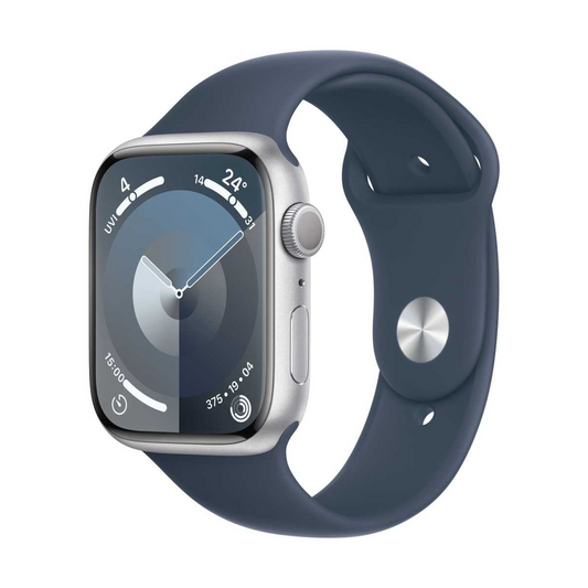 Apple Watch Series 9 GPS 45mm Silver Aluminum Case with Storm Blue Sport Band M/L